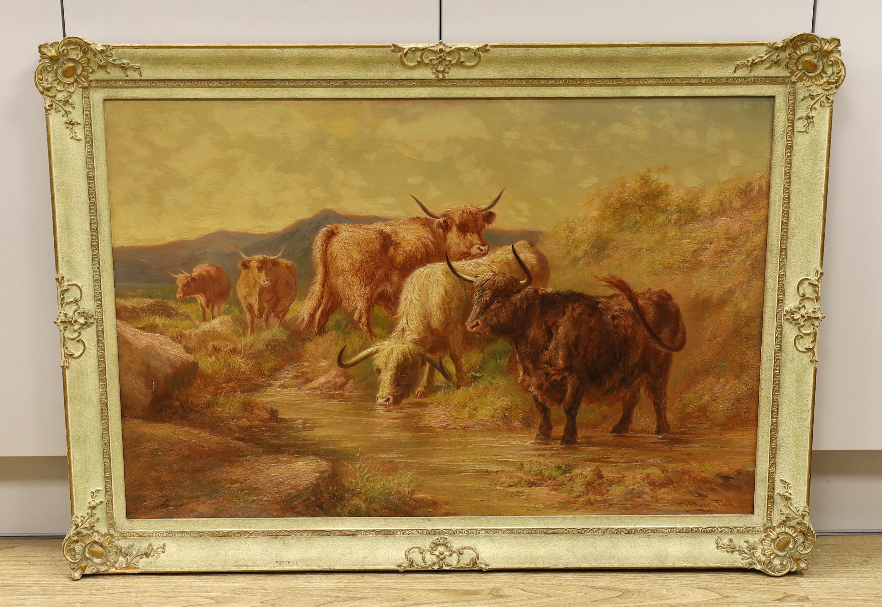 Henry Morley Park (fl. 1884-1895), oil on canvas, Highland Cattle watering, signed, stamp verso, 89 x 59cm